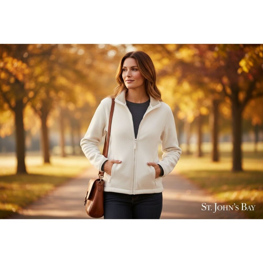 St. Johns Bay Womens Full-Zip White Fleece Jacket Size XL Warm & Soft